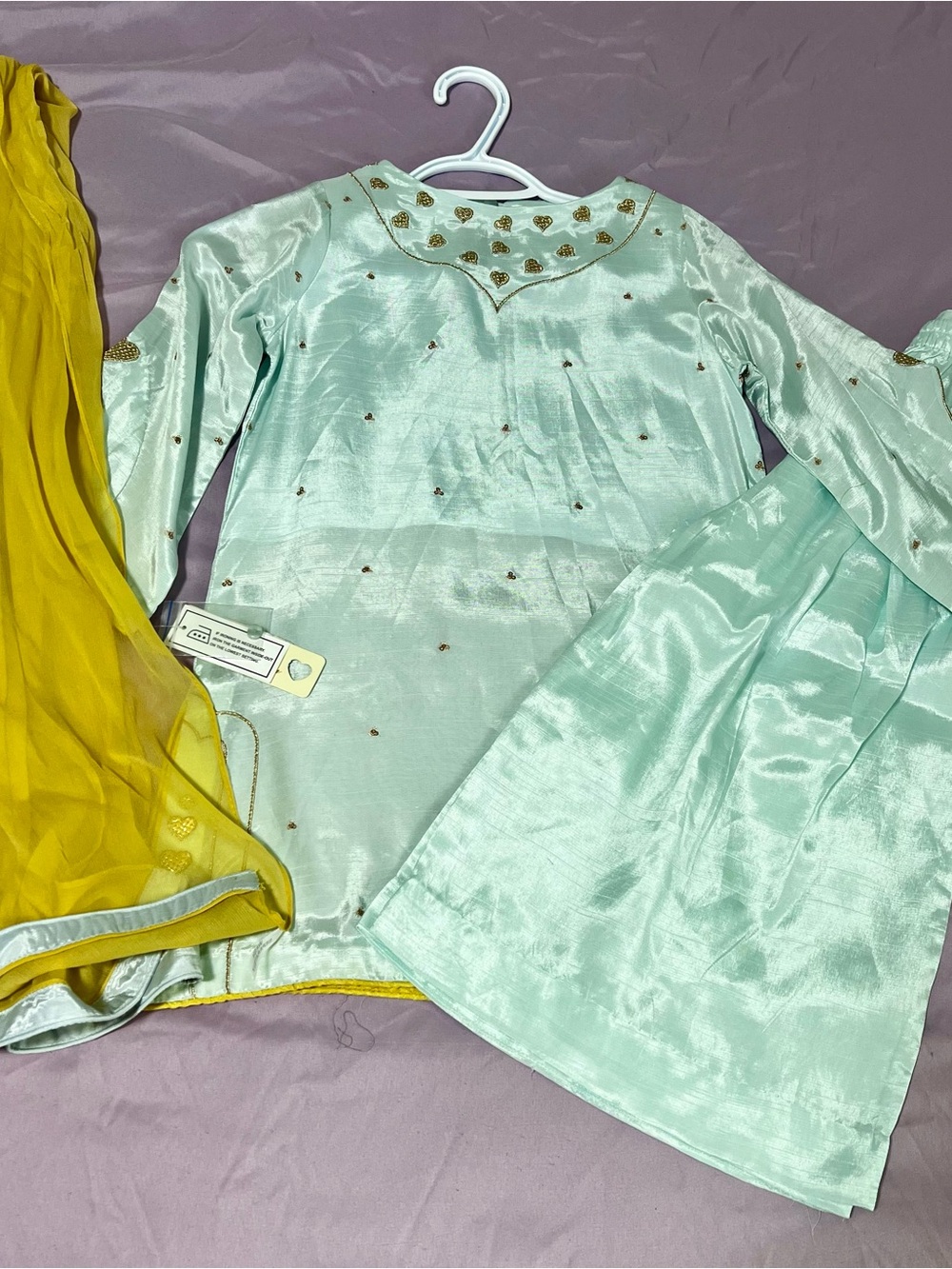 Kids Mint Green & Gold-Trim Pakistani suit
